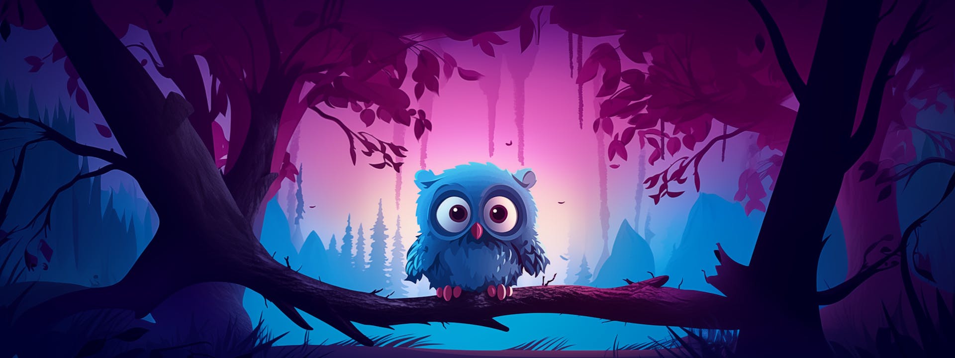 a blue owl sitting on a tree branch in a forest