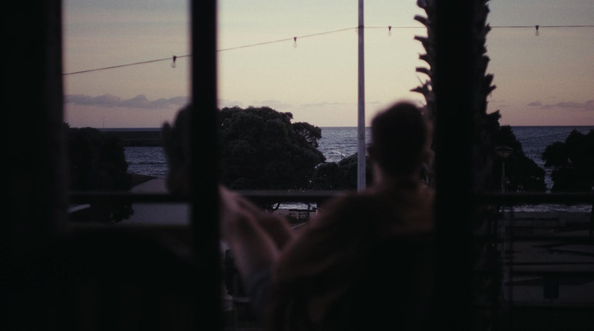 a person looking out a window at the ocean