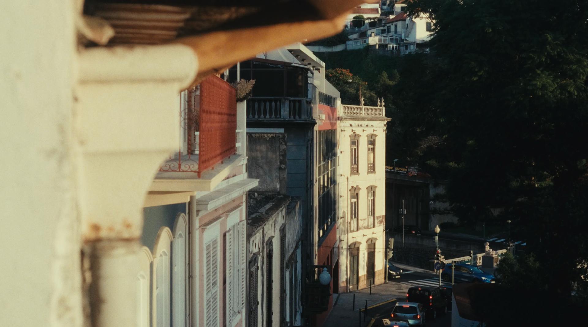 a view of a city street from a window