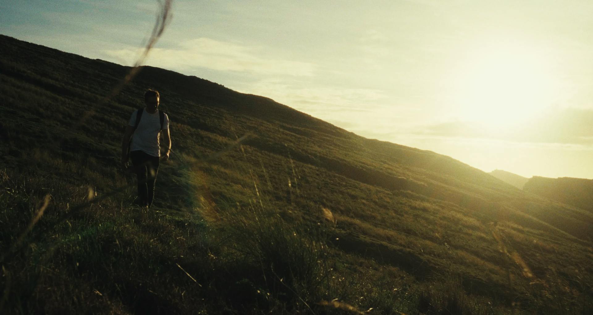 a person standing in a field with the sun behind them