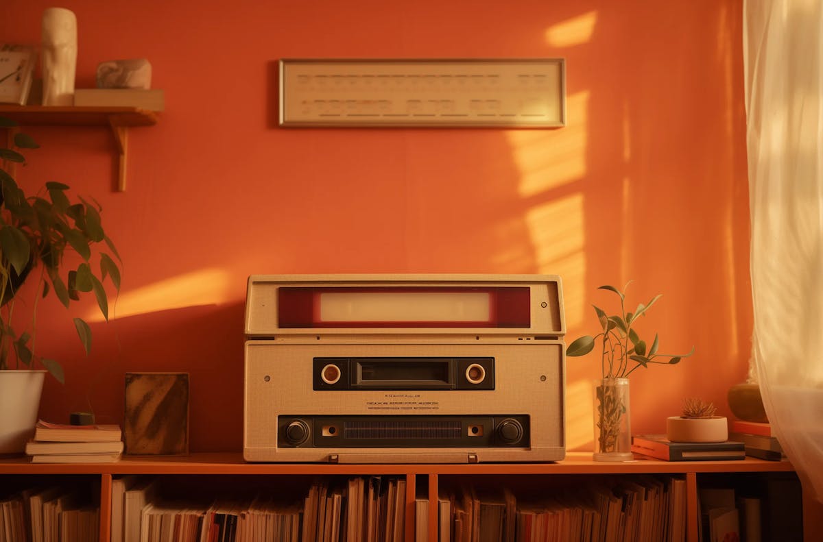 an old radio sitting on top of a wooden shelf