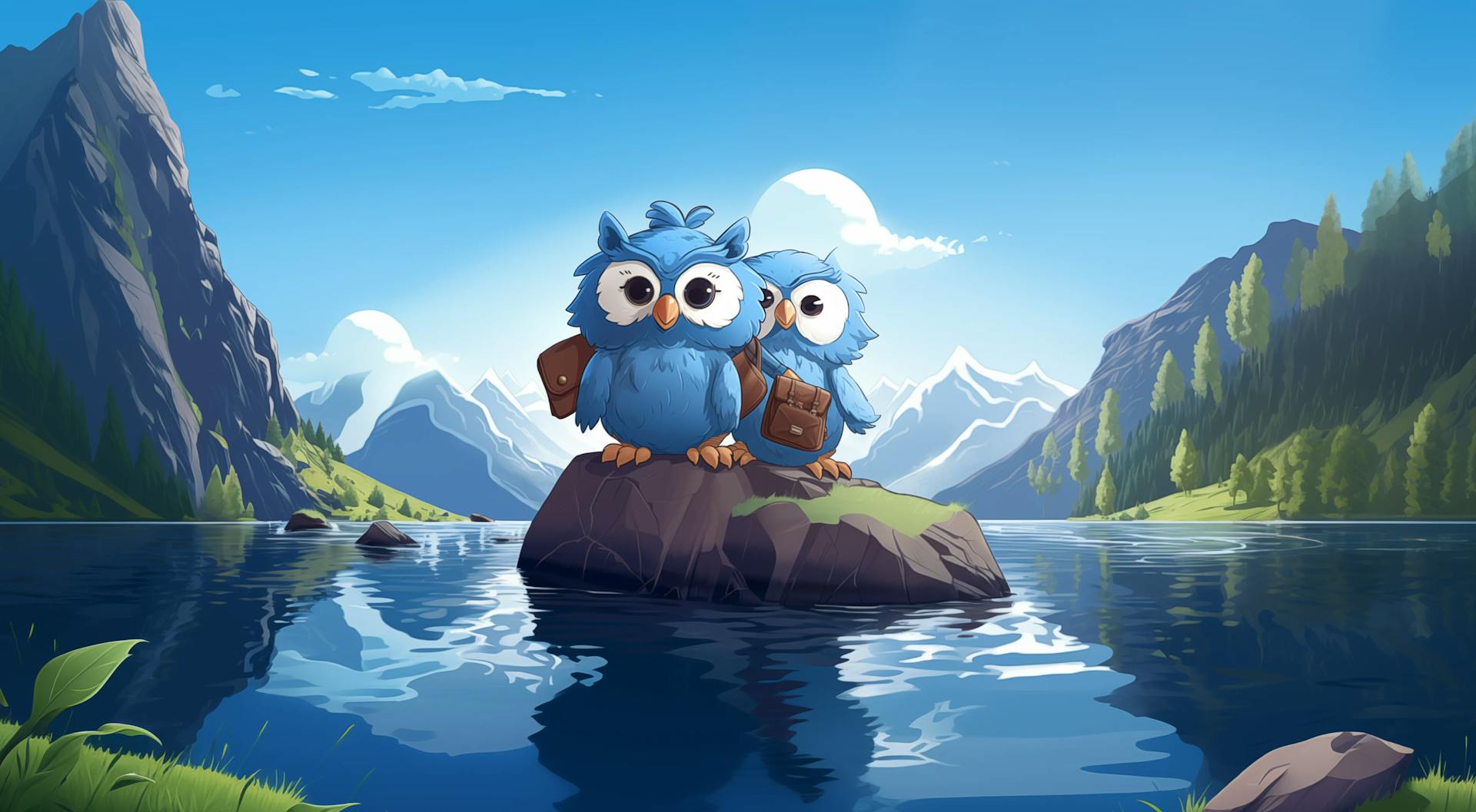 two owls sitting on a rock in the middle of a lake