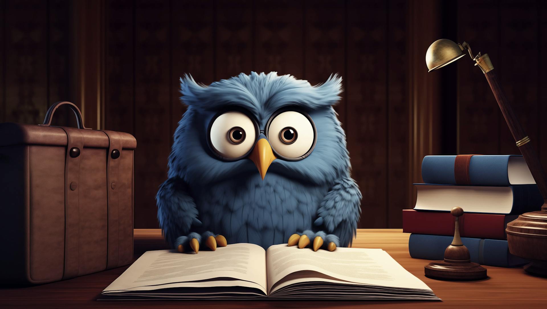 a blue owl sitting on top of an open book