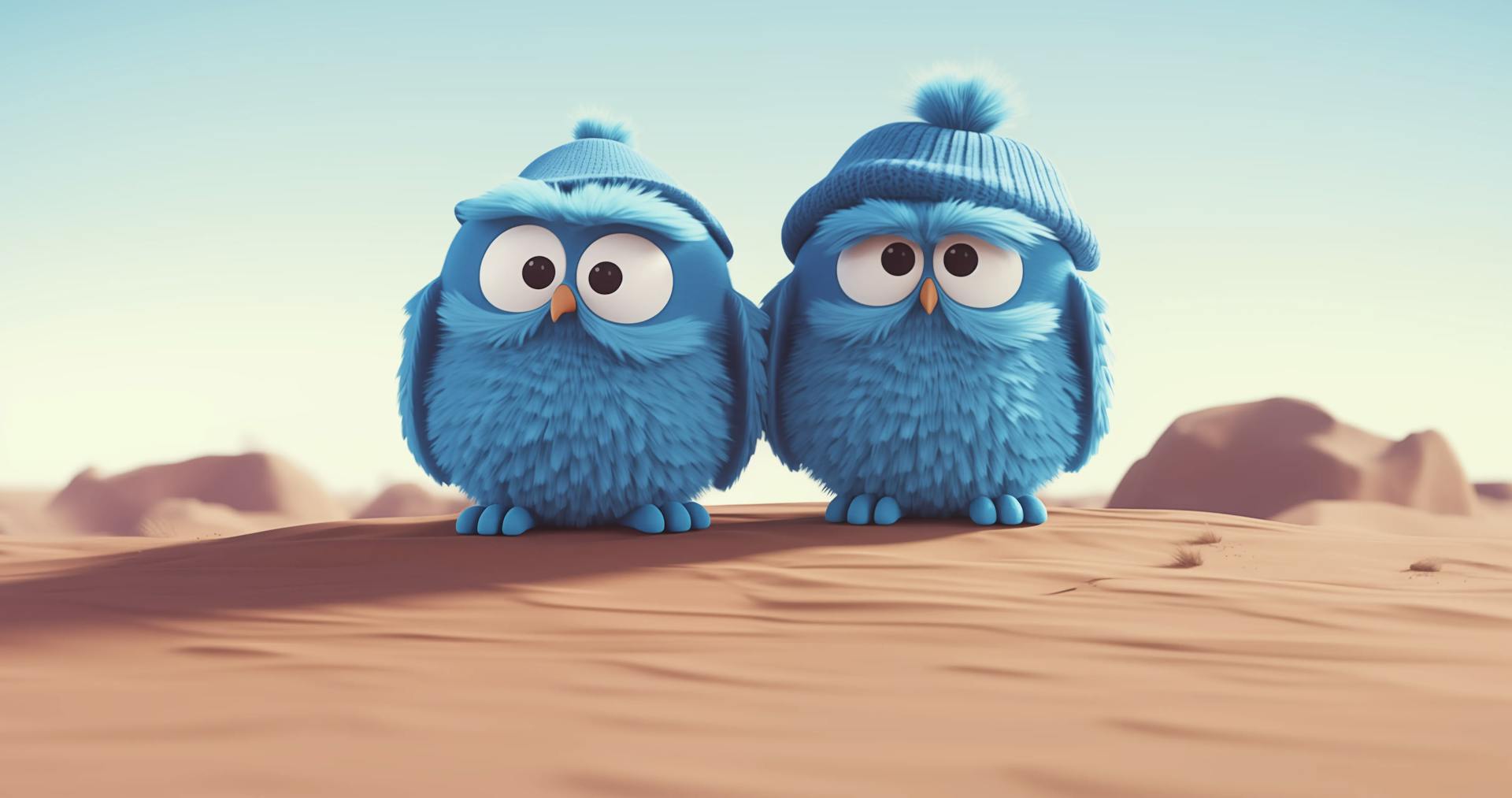 a couple of blue birds sitting on top of a desert