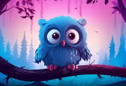 a blue owl sitting on a branch in a forest